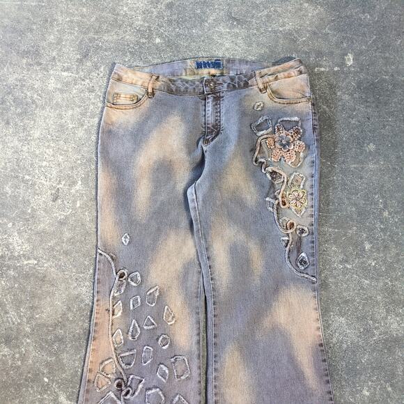 Do It Yourself Wide Leg Flare Jeans Womens 32 Tan Brown Embroidered Studded Y2K - Picture 2 of 9